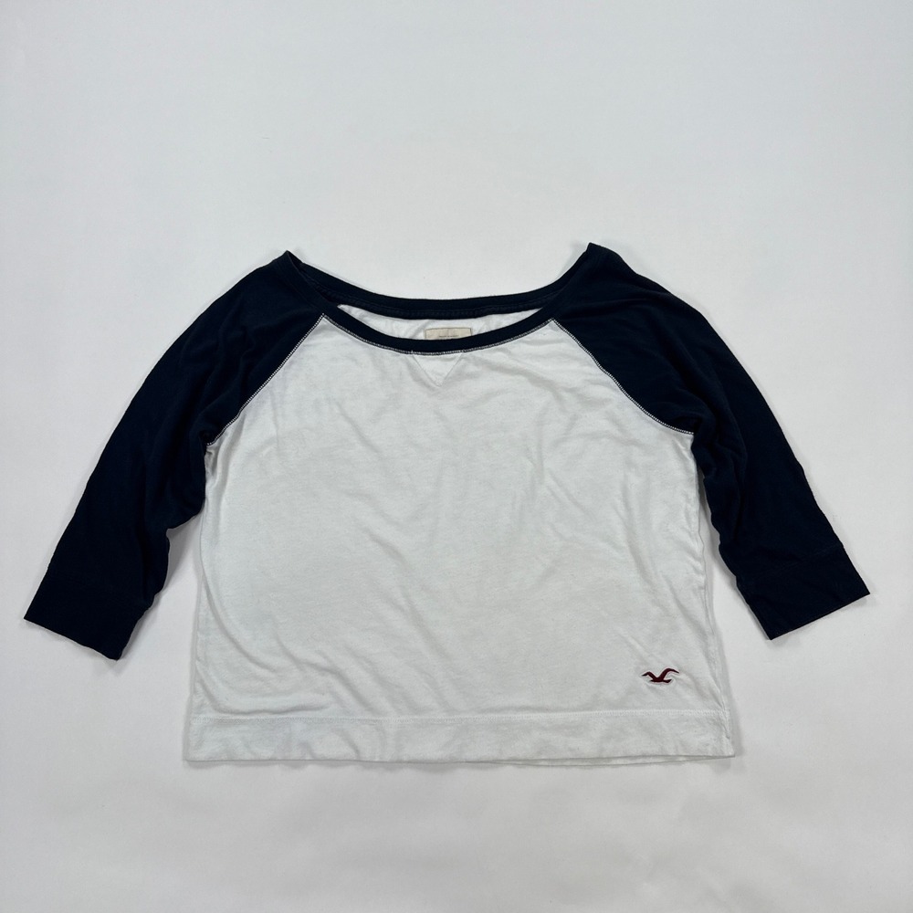 Hollister Womens Baseball Raglan Tee Large White Navy 3/4 Sleeve Minimalist Y2K